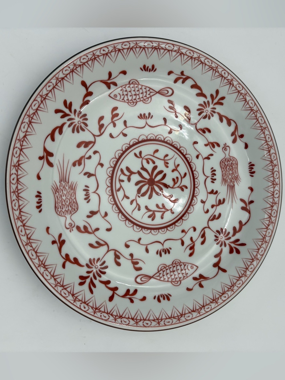 Decorative White Porcelain Shallow Bowl with Red Floral & Fish Motif